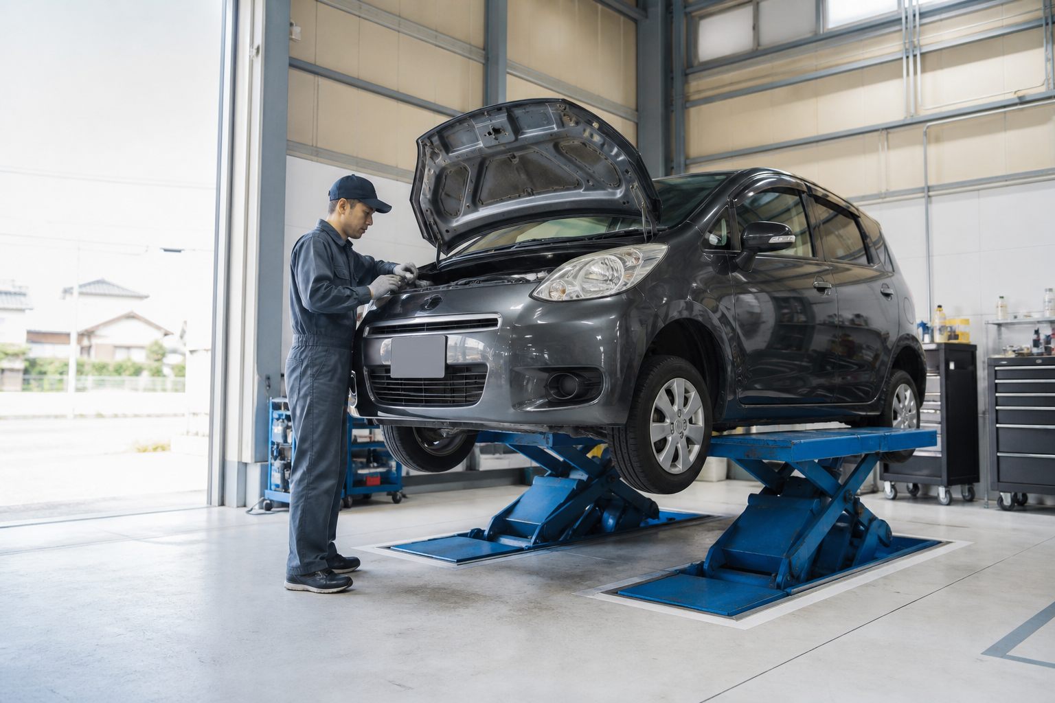 整備工場で自動車を確認する整備士